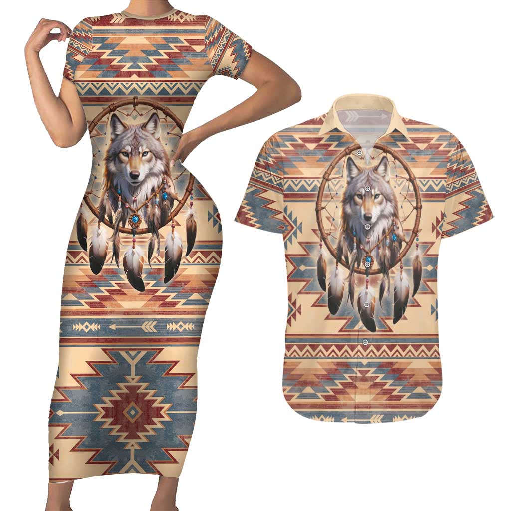 Indigenous Peoples Day Couples Matching Short Sleeve Bodycon Dress and Hawaiian Shirt Native American Dream Catcher Wolf Tribal-inspired - Wonder Print Shop