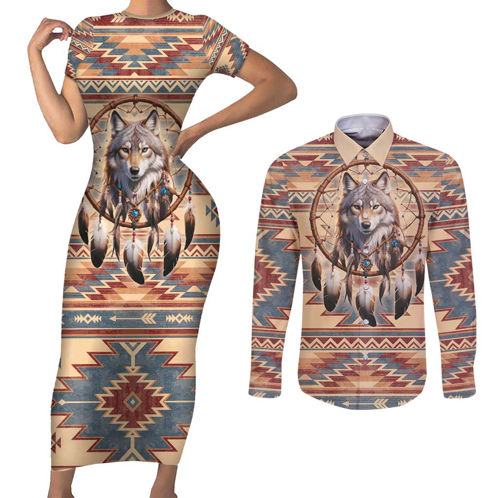 Indigenous Peoples Day Couples Matching Short Sleeve Bodycon Dress and Long Sleeve Button Shirt Native American Dream Catcher Wolf Tribal-inspired - Wonder Print Shop