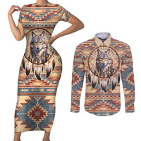 Indigenous Peoples Day Couples Matching Short Sleeve Bodycon Dress and Long Sleeve Button Shirt Native American Dream Catcher Wolf Tribal-inspired - Wonder Print Shop