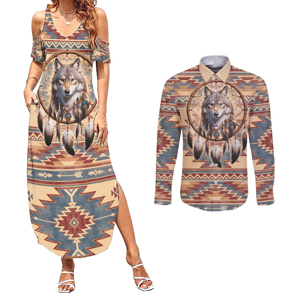Indigenous Peoples Day Couples Matching Summer Maxi Dress and Long Sleeve Button Shirt Native American Dream Catcher Wolf Tribal-inspired - Wonder Print Shop