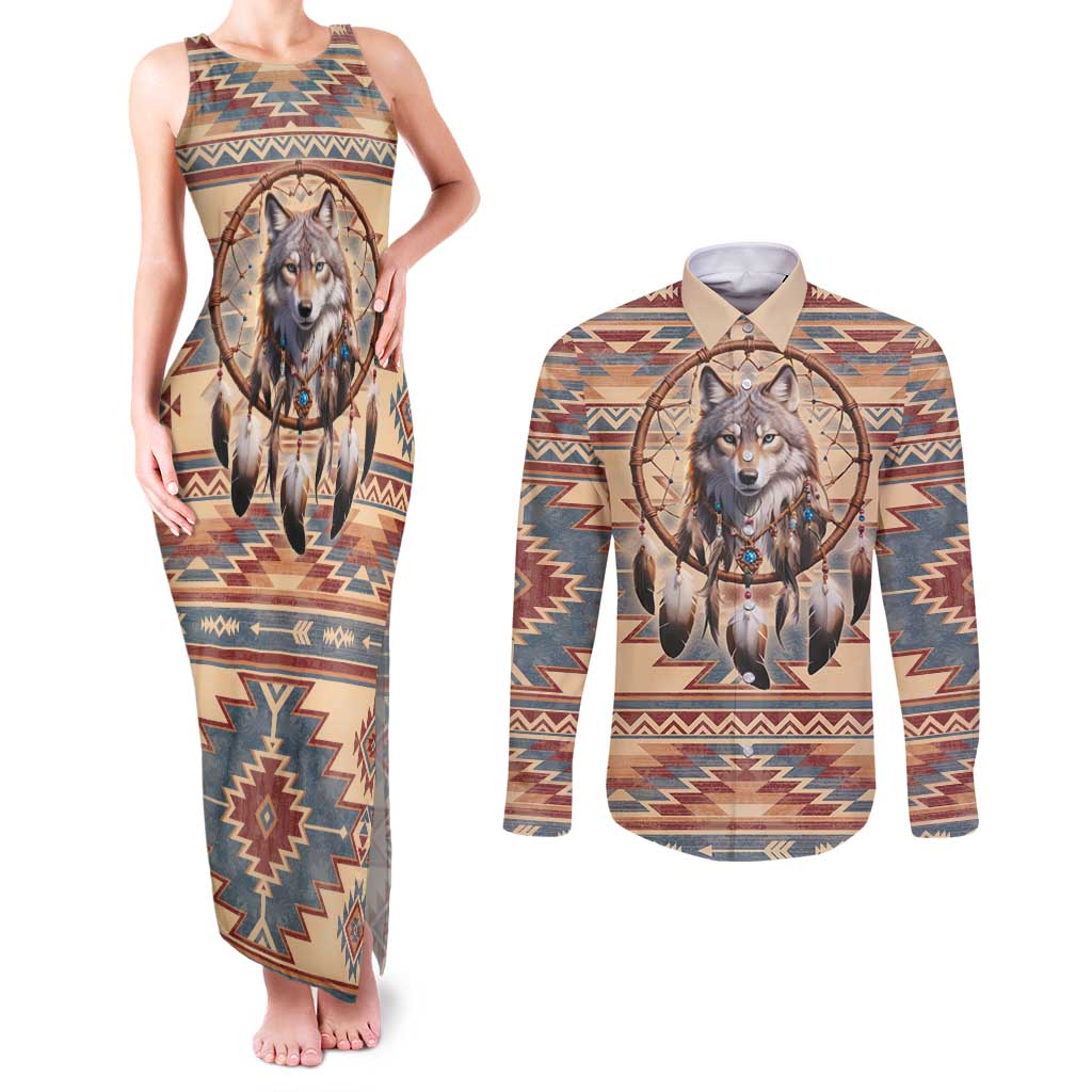 Indigenous Peoples Day Couples Matching Tank Maxi Dress and Long Sleeve Button Shirt Native American Dream Catcher Wolf Tribal-inspired - Wonder Print Shop