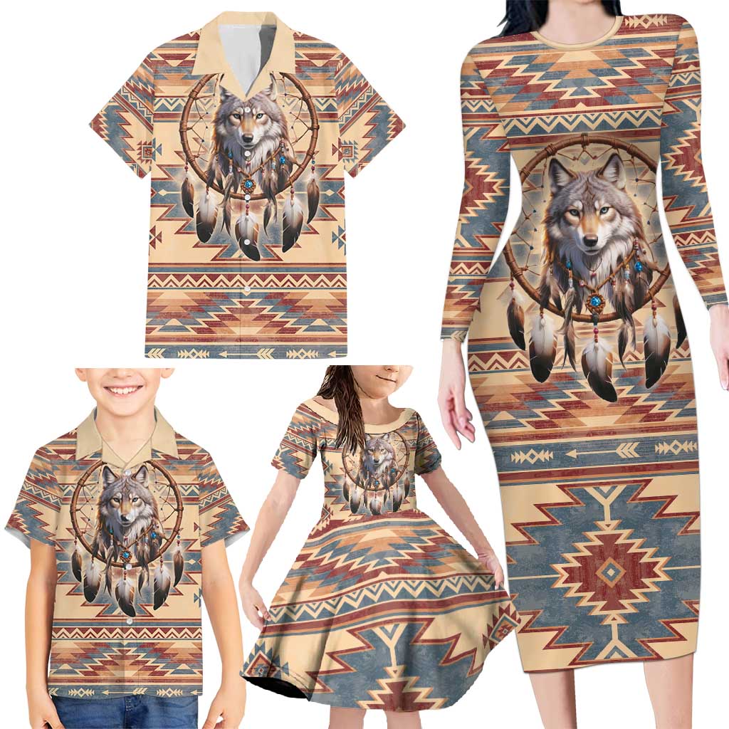 Indigenous Peoples Day Family Matching Long Sleeve Bodycon Dress and Hawaiian Shirt Native American Dream Catcher Wolf Tribal-inspired - Wonder Print Shop