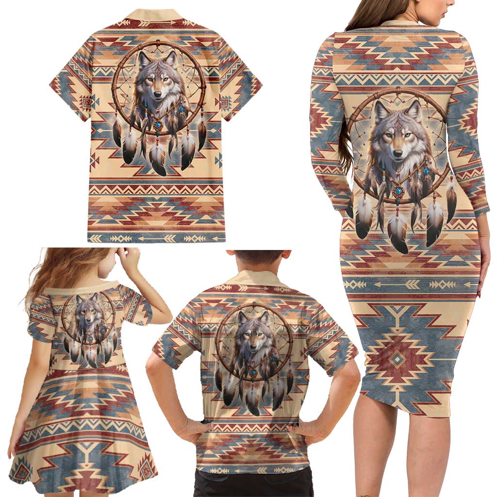 Indigenous Peoples Day Family Matching Long Sleeve Bodycon Dress and Hawaiian Shirt Native American Dream Catcher Wolf Tribal-inspired - Wonder Print Shop