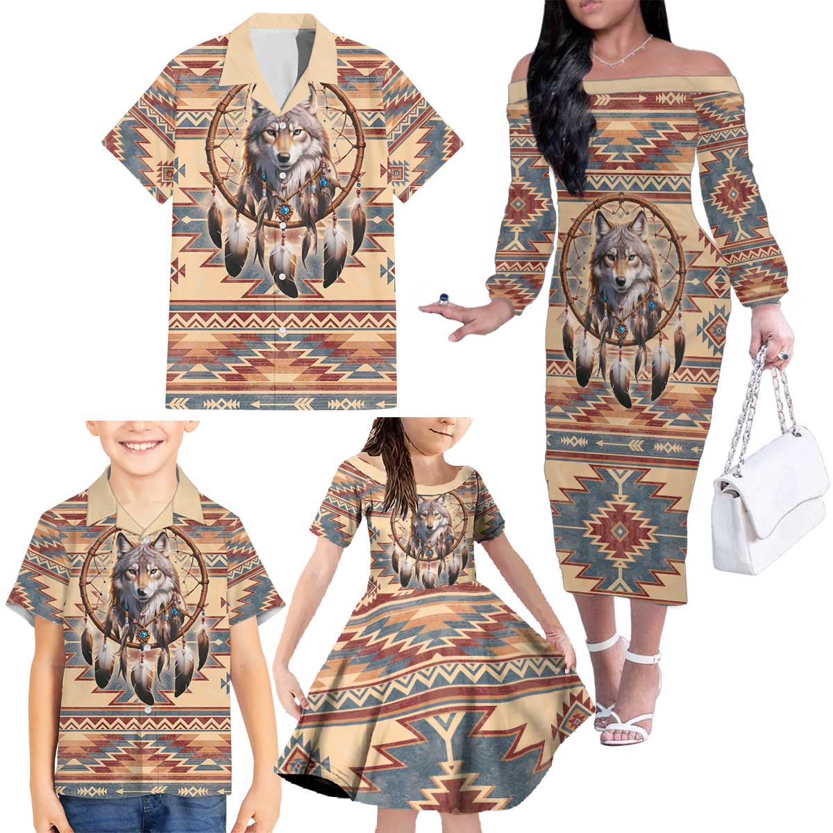 Indigenous Peoples Day Family Matching Off The Shoulder Long Sleeve Dress and Hawaiian Shirt Native American Dream Catcher Wolf Tribal-inspired - Wonder Print Shop