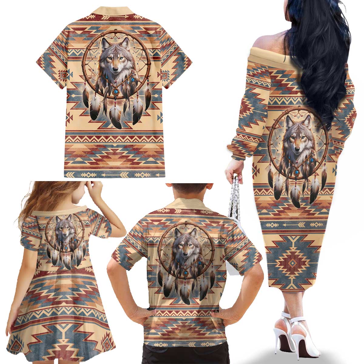 Indigenous Peoples Day Family Matching Off The Shoulder Long Sleeve Dress and Hawaiian Shirt Native American Dream Catcher Wolf Tribal-inspired - Wonder Print Shop