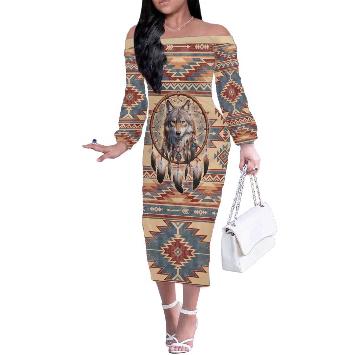 Indigenous Peoples Day Family Matching Off The Shoulder Long Sleeve Dress and Hawaiian Shirt Native American Dream Catcher Wolf Tribal-inspired - Wonder Print Shop