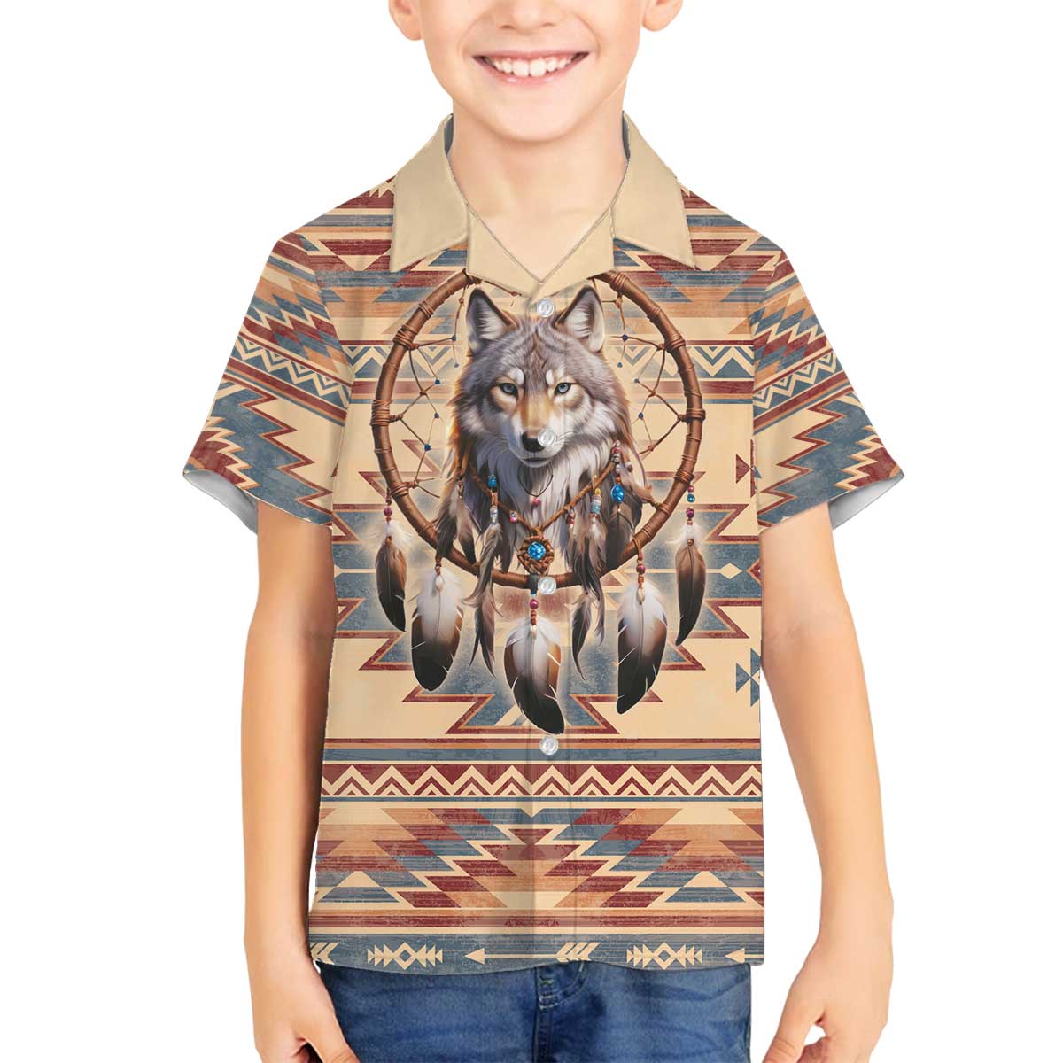 Indigenous Peoples Day Family Matching Off The Shoulder Long Sleeve Dress and Hawaiian Shirt Native American Dream Catcher Wolf Tribal-inspired - Wonder Print Shop