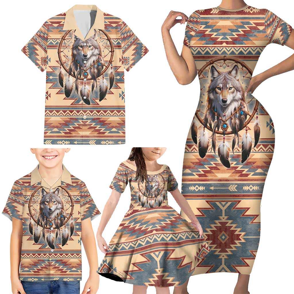 Indigenous Peoples Day Family Matching Short Sleeve Bodycon Dress and Hawaiian Shirt Native American Dream Catcher Wolf Tribal-inspired - Wonder Print Shop