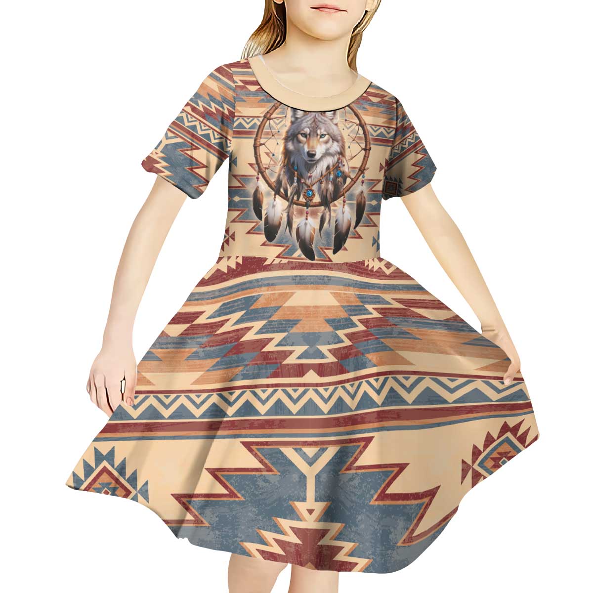 Indigenous Peoples Day Kid Short Sleeve Dress Native American Dream Catcher Wolf Tribal-inspired - Wonder Print Shop