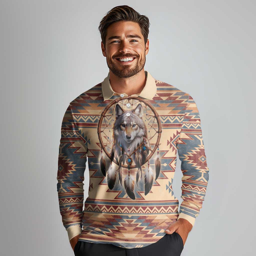 Indigenous Peoples Day Long Sleeve Polo Shirt Native American Dream Catcher Wolf Tribal-inspired - Wonder Print Shop