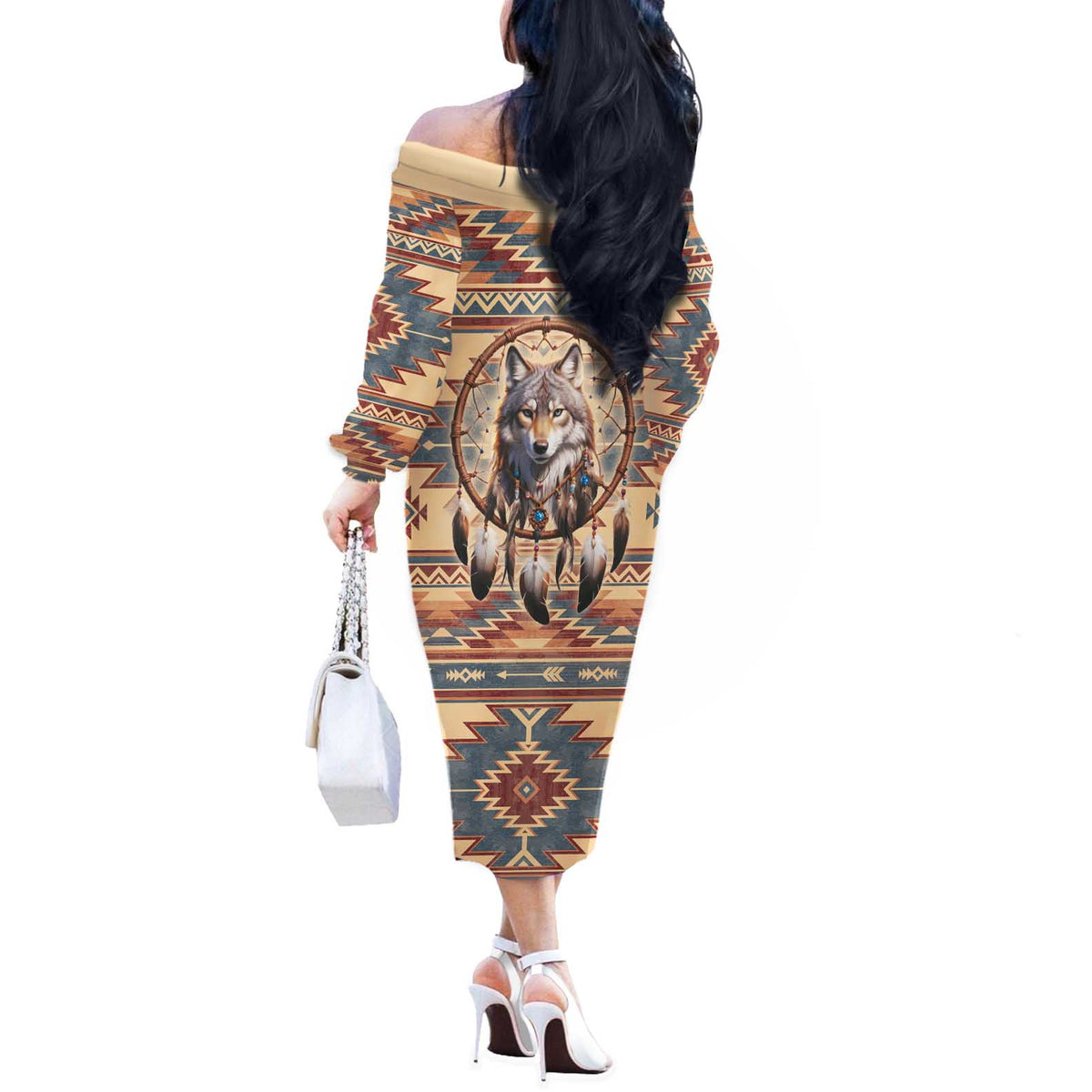 Indigenous Peoples Day Off The Shoulder Long Sleeve Dress Native American Dream Catcher Wolf Tribal-inspired - Wonder Print Shop