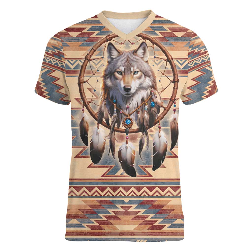Indigenous Peoples Day Women V-Neck T-Shirt Native American Dream Catcher Wolf Tribal-inspired - Wonder Print Shop