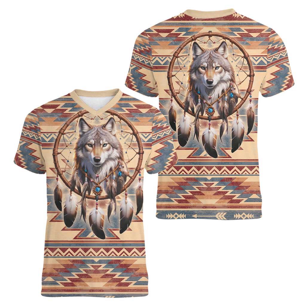 Indigenous Peoples Day Women V-Neck T-Shirt Native American Dream Catcher Wolf Tribal-inspired - Wonder Print Shop