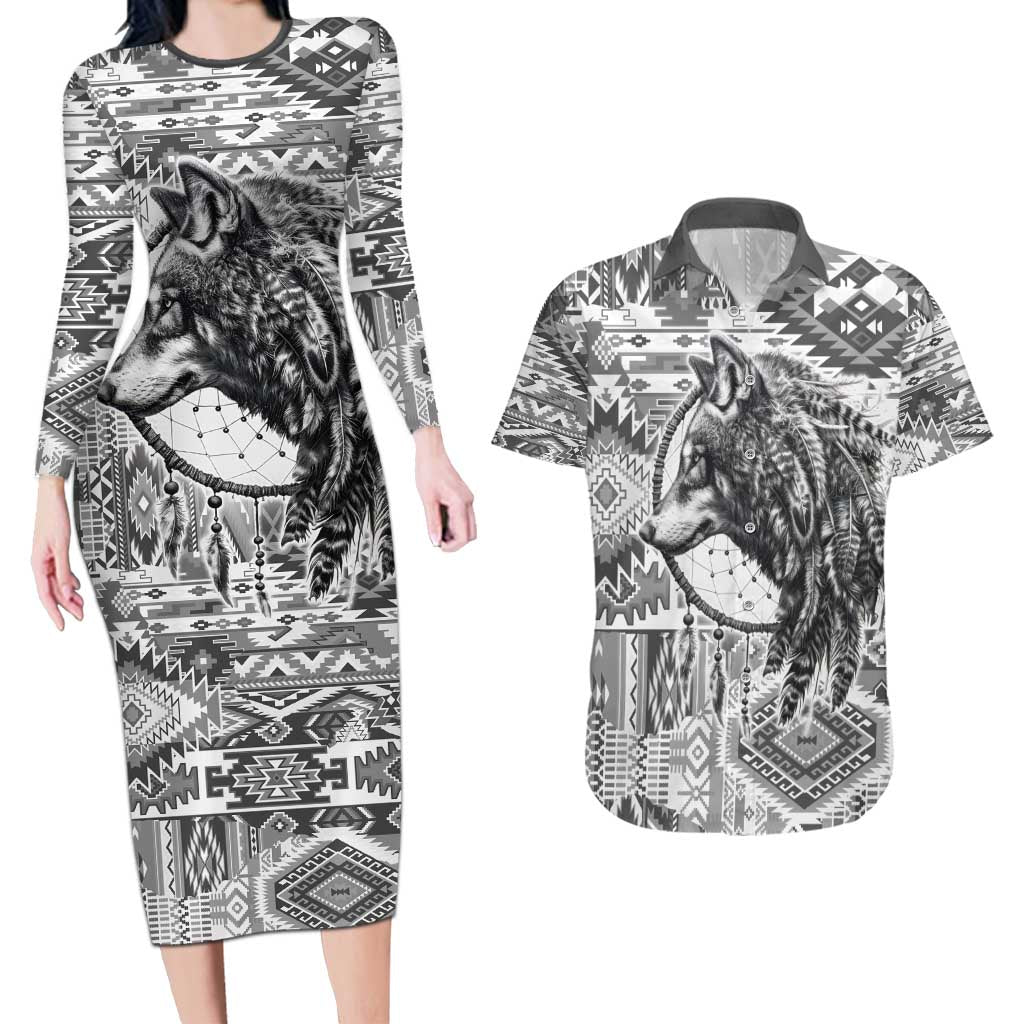 Indigenous Peoples Day Couples Matching Long Sleeve Bodycon Dress and Hawaiian Shirt Native American Wolf with Dreamcatcher - Wonder Print Shop