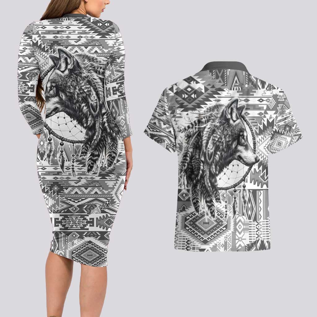 Indigenous Peoples Day Couples Matching Long Sleeve Bodycon Dress and Hawaiian Shirt Native American Wolf with Dreamcatcher - Wonder Print Shop