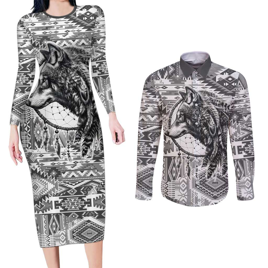 Indigenous Peoples Day Couples Matching Long Sleeve Bodycon Dress and Long Sleeve Button Shirt Native American Wolf with Dreamcatcher - Wonder Print Shop
