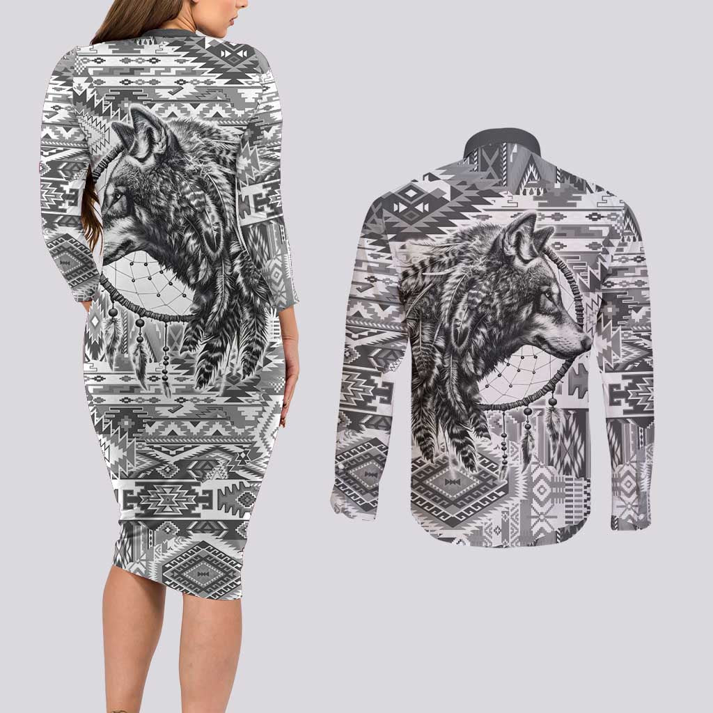 Indigenous Peoples Day Couples Matching Long Sleeve Bodycon Dress and Long Sleeve Button Shirt Native American Wolf with Dreamcatcher - Wonder Print Shop