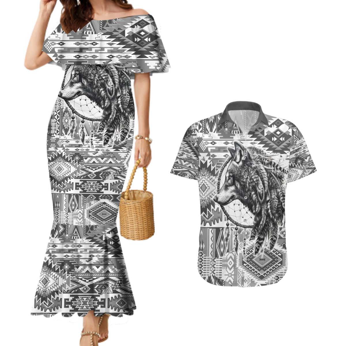 Indigenous Peoples Day Couples Matching Mermaid Dress and Hawaiian Shirt Native American Wolf with Dreamcatcher - Wonder Print Shop