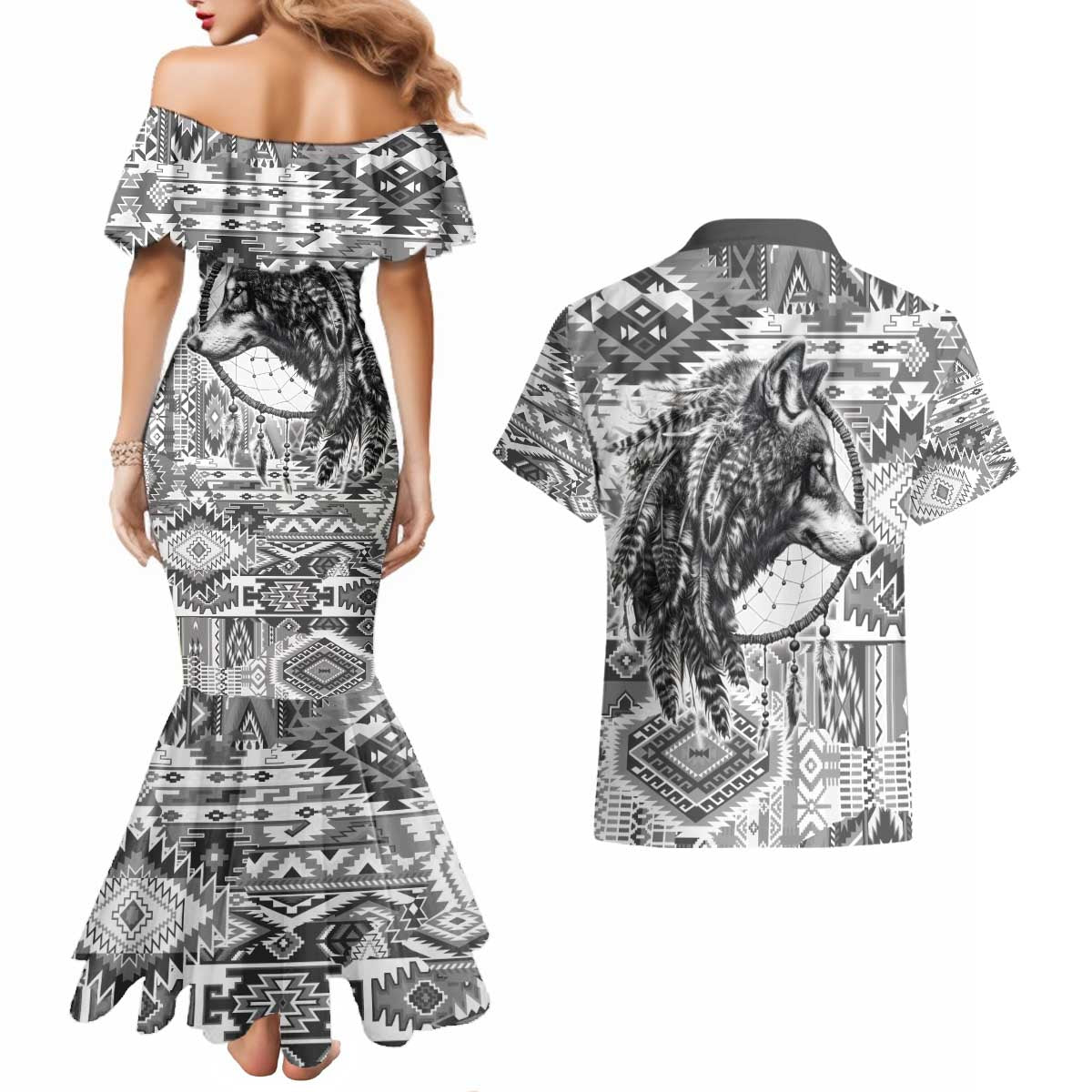 Indigenous Peoples Day Couples Matching Mermaid Dress and Hawaiian Shirt Native American Wolf with Dreamcatcher - Wonder Print Shop