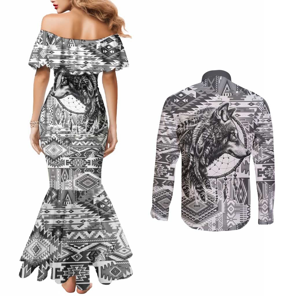 Indigenous Peoples Day Couples Matching Mermaid Dress and Long Sleeve Button Shirt Native American Wolf with Dreamcatcher - Wonder Print Shop