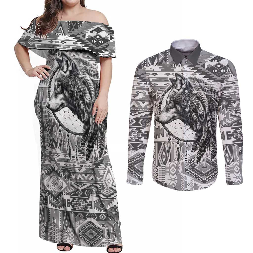 Indigenous Peoples Day Couples Matching Off Shoulder Maxi Dress and Long Sleeve Button Shirt Native American Wolf with Dreamcatcher - Wonder Print Shop