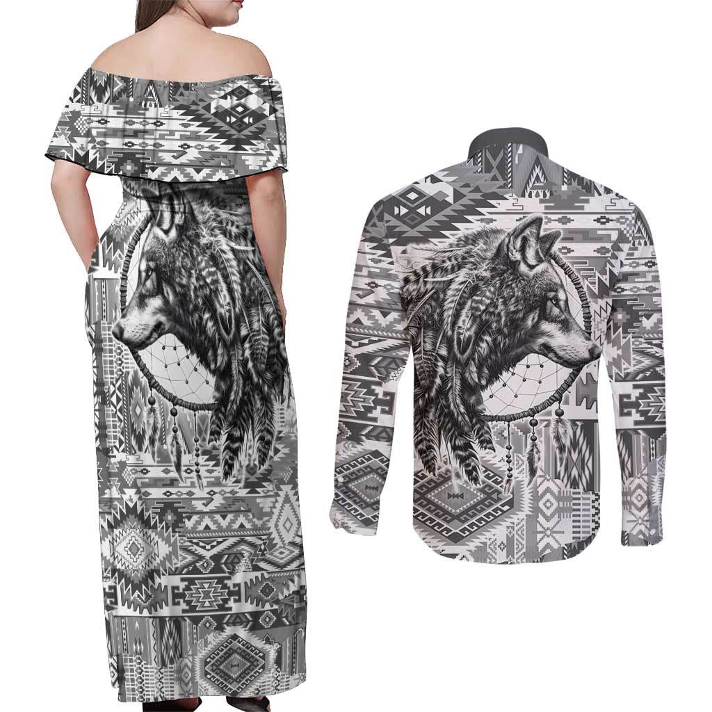 Indigenous Peoples Day Couples Matching Off Shoulder Maxi Dress and Long Sleeve Button Shirt Native American Wolf with Dreamcatcher - Wonder Print Shop