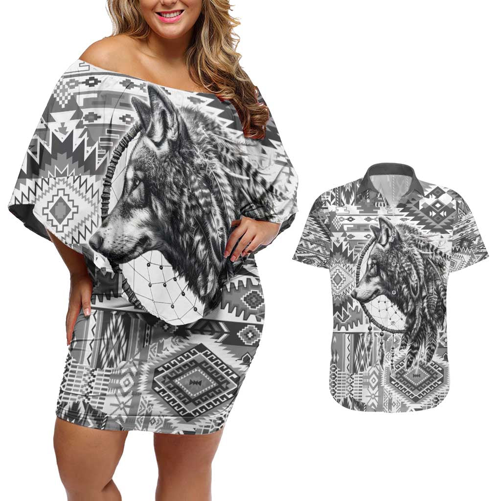 Indigenous Peoples Day Couples Matching Off Shoulder Short Dress and Hawaiian Shirt Native American Wolf with Dreamcatcher - Wonder Print Shop