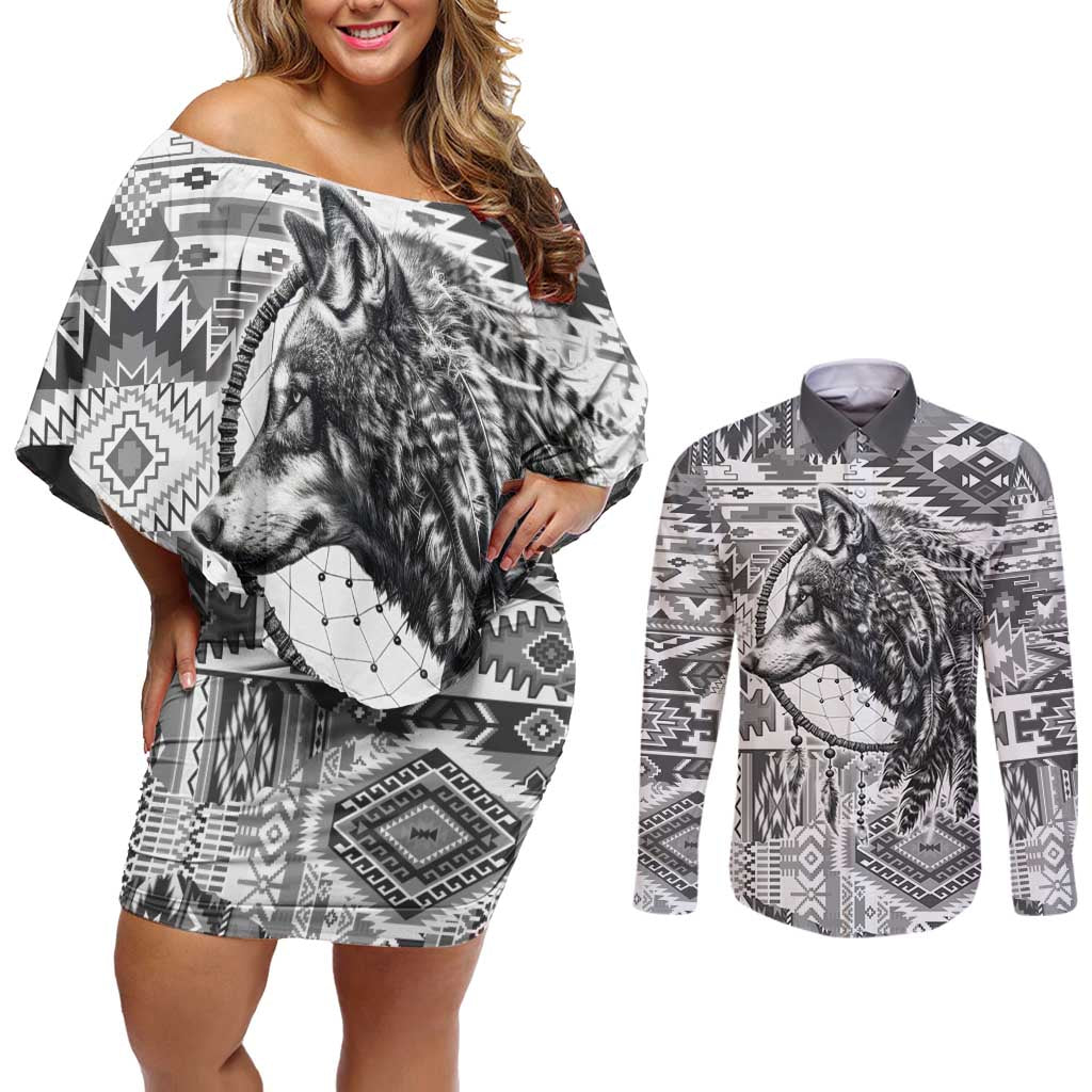 Indigenous Peoples Day Couples Matching Off Shoulder Short Dress and Long Sleeve Button Shirt Native American Wolf with Dreamcatcher - Wonder Print Shop