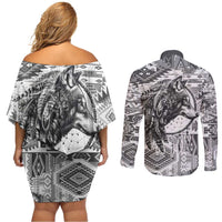 Indigenous Peoples Day Couples Matching Off Shoulder Short Dress and Long Sleeve Button Shirt Native American Wolf with Dreamcatcher - Wonder Print Shop