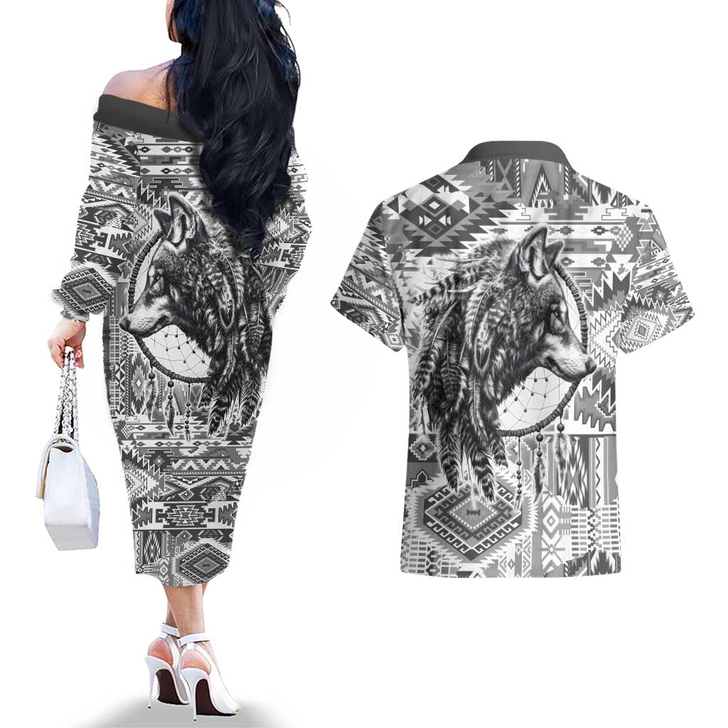 Indigenous Peoples Day Couples Matching Off The Shoulder Long Sleeve Dress and Hawaiian Shirt Native American Wolf with Dreamcatcher - Wonder Print Shop