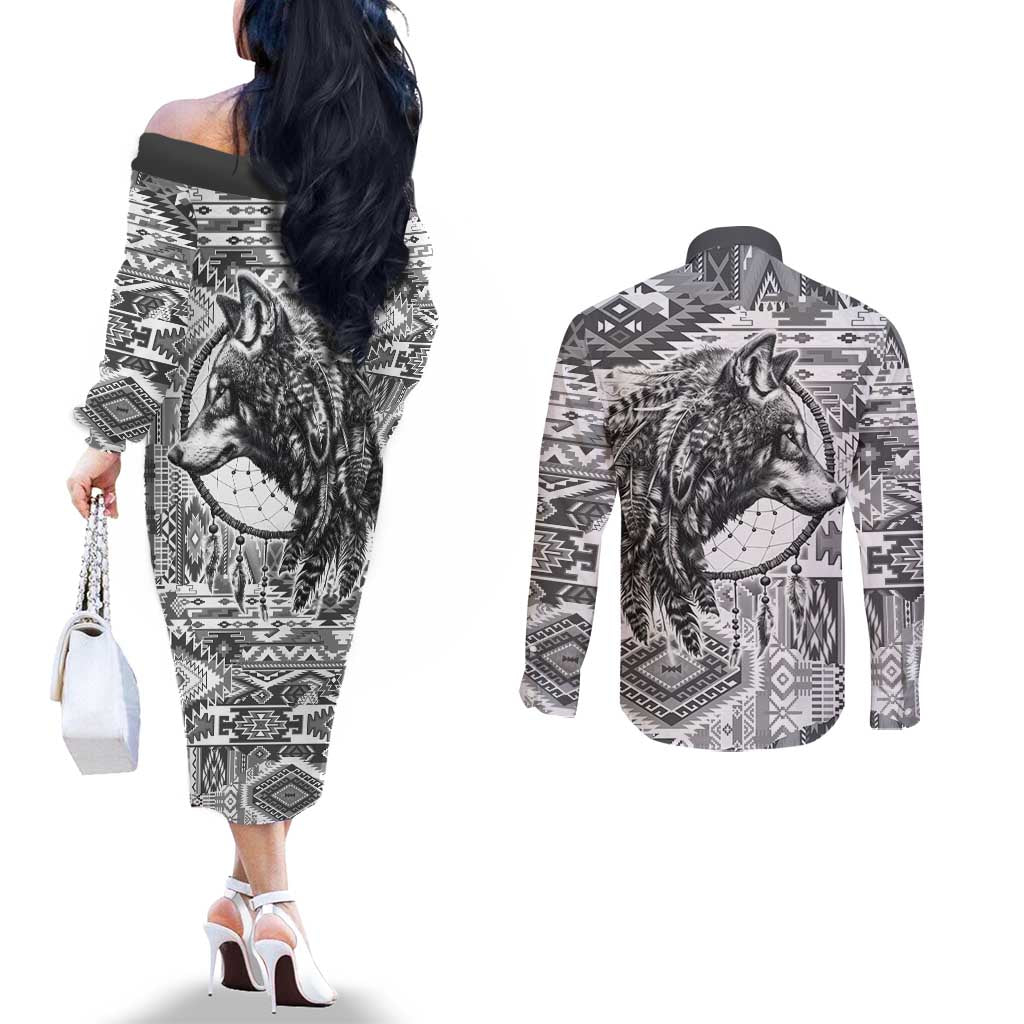 Indigenous Peoples Day Couples Matching Off The Shoulder Long Sleeve Dress and Long Sleeve Button Shirt Native American Wolf with Dreamcatcher - Wonder Print Shop