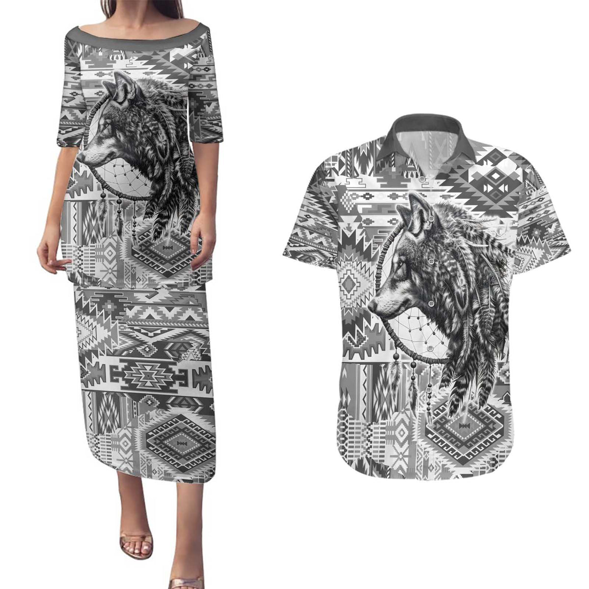 Indigenous Peoples Day Couples Matching Puletasi and Hawaiian Shirt Native American Wolf with Dreamcatcher - Wonder Print Shop