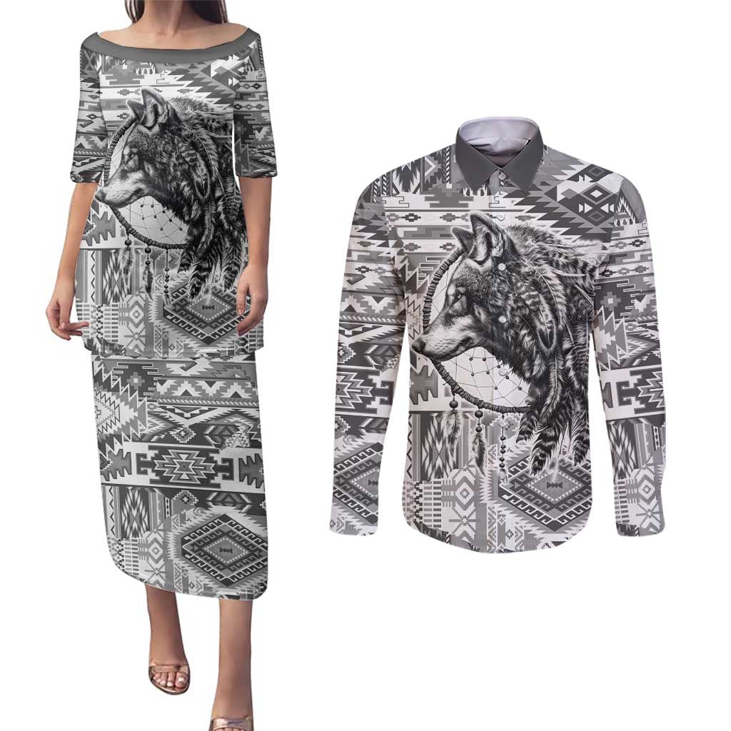 Indigenous Peoples Day Couples Matching Puletasi and Long Sleeve Button Shirt Native American Wolf with Dreamcatcher - Wonder Print Shop