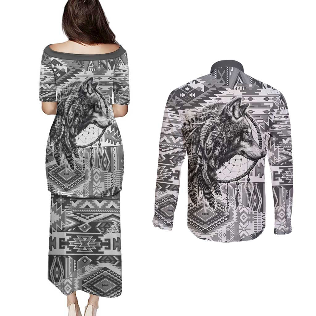 Indigenous Peoples Day Couples Matching Puletasi and Long Sleeve Button Shirt Native American Wolf with Dreamcatcher - Wonder Print Shop