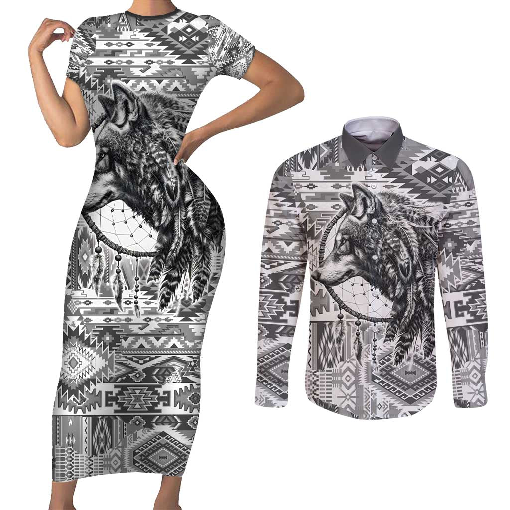Indigenous Peoples Day Couples Matching Short Sleeve Bodycon Dress and Long Sleeve Button Shirt Native American Wolf with Dreamcatcher - Wonder Print Shop