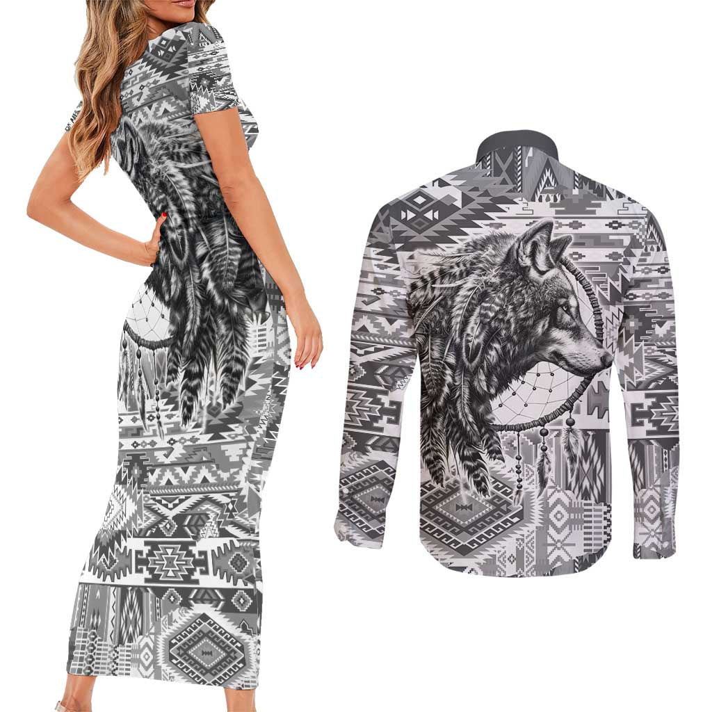 Indigenous Peoples Day Couples Matching Short Sleeve Bodycon Dress and Long Sleeve Button Shirt Native American Wolf with Dreamcatcher - Wonder Print Shop