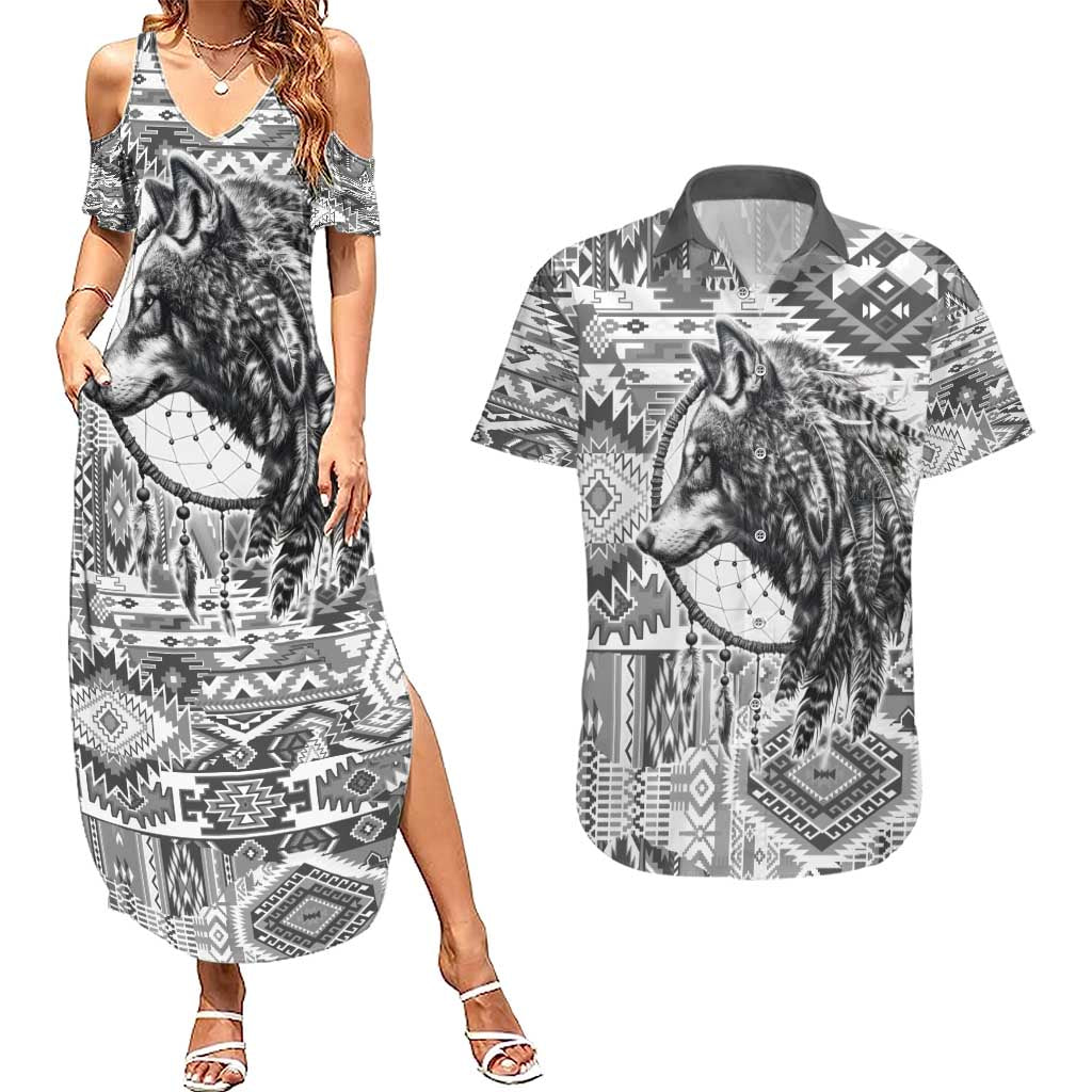 Indigenous Peoples Day Couples Matching Summer Maxi Dress and Hawaiian Shirt Native American Wolf with Dreamcatcher - Wonder Print Shop