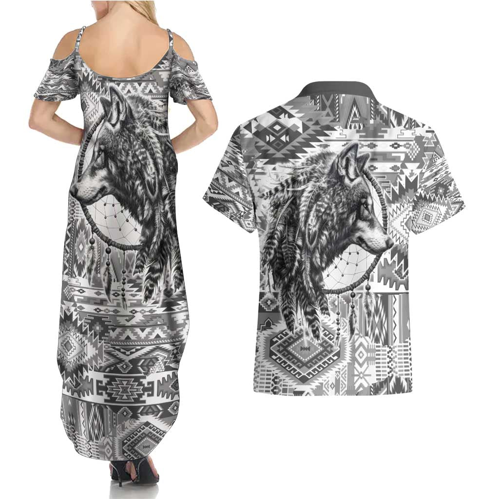 Indigenous Peoples Day Couples Matching Summer Maxi Dress and Hawaiian Shirt Native American Wolf with Dreamcatcher - Wonder Print Shop