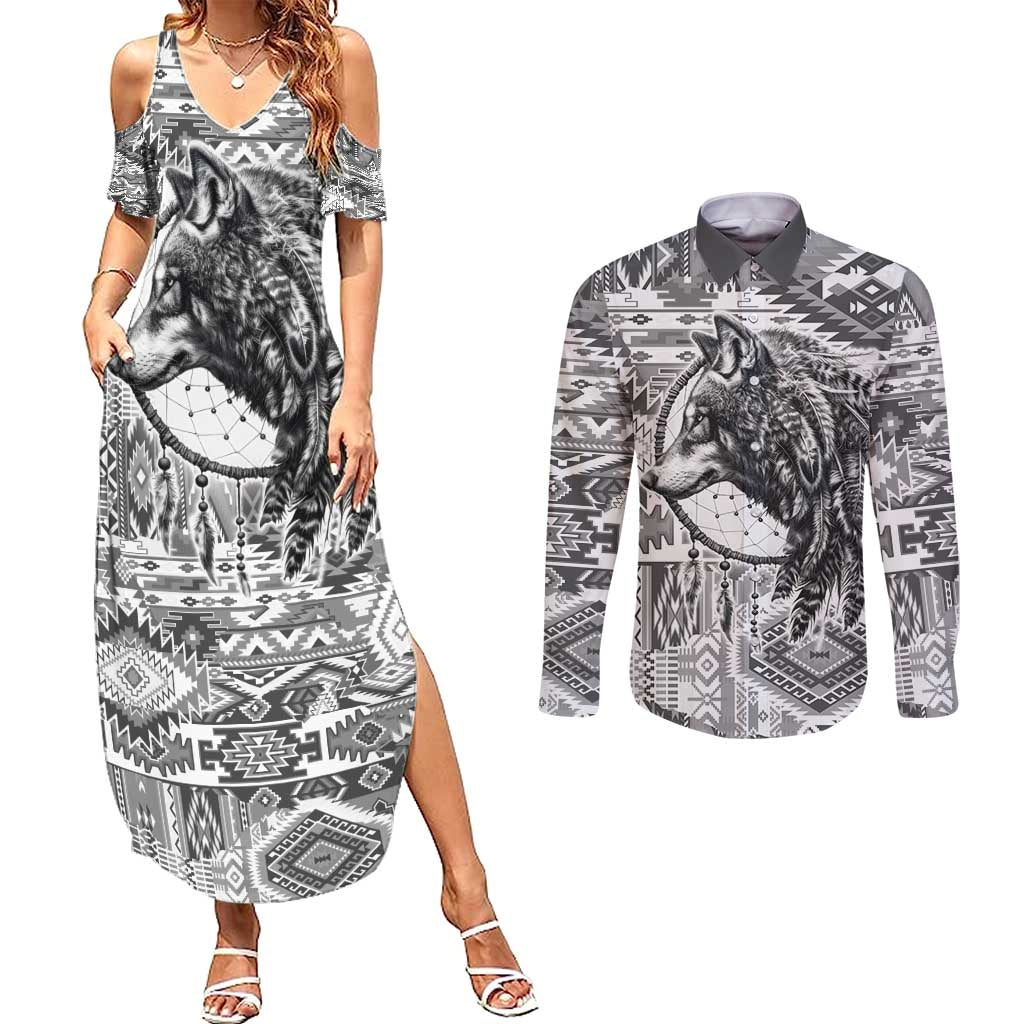Indigenous Peoples Day Couples Matching Summer Maxi Dress and Long Sleeve Button Shirt Native American Wolf with Dreamcatcher - Wonder Print Shop
