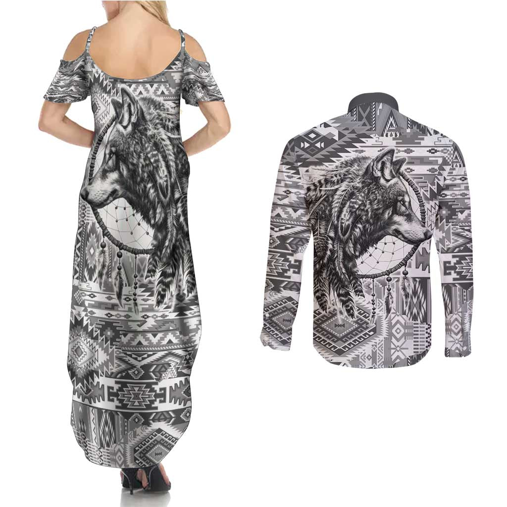 Indigenous Peoples Day Couples Matching Summer Maxi Dress and Long Sleeve Button Shirt Native American Wolf with Dreamcatcher - Wonder Print Shop
