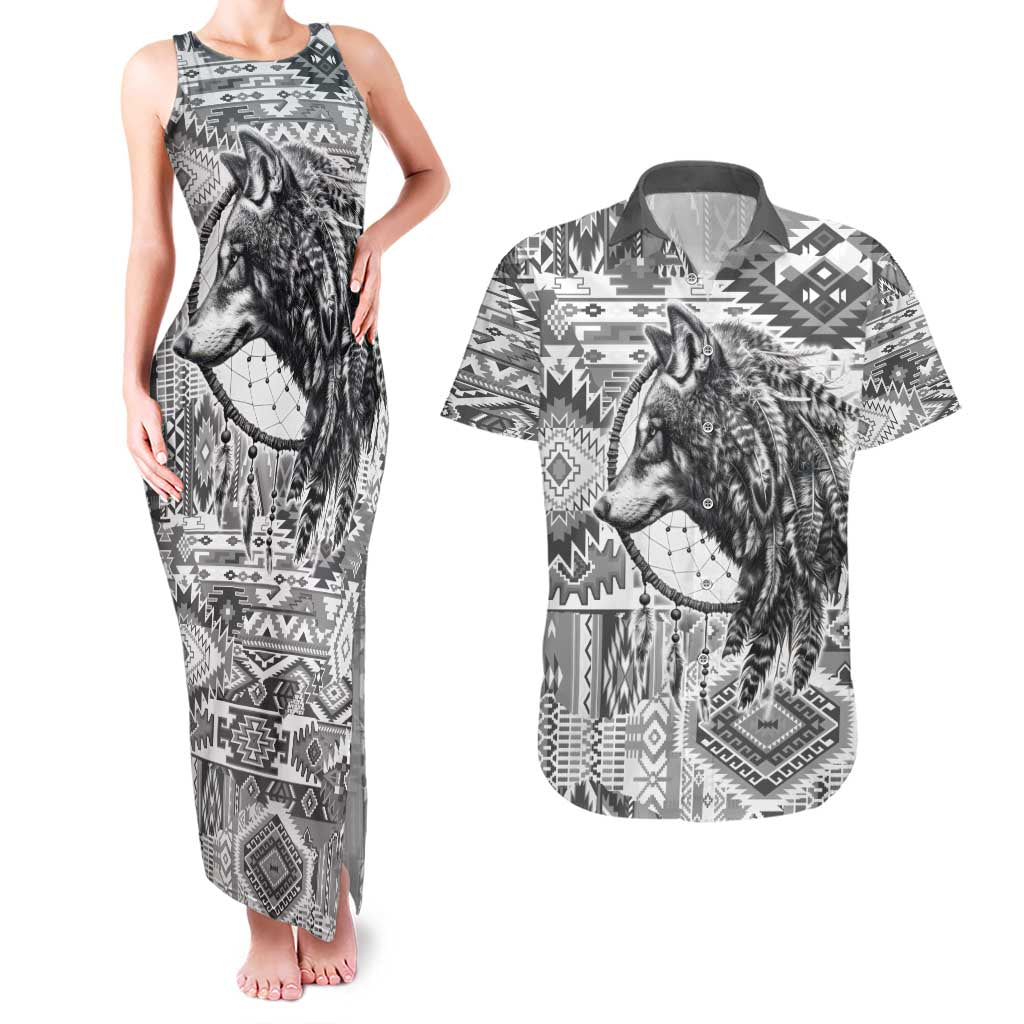 Indigenous Peoples Day Couples Matching Tank Maxi Dress and Hawaiian Shirt Native American Wolf with Dreamcatcher - Wonder Print Shop