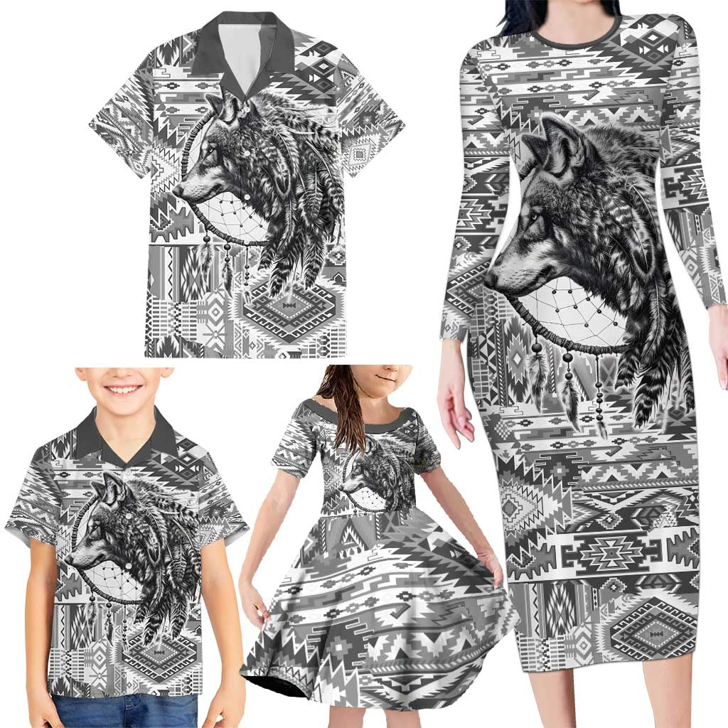 Indigenous Peoples Day Family Matching Long Sleeve Bodycon Dress and Hawaiian Shirt Native American Wolf with Dreamcatcher - Wonder Print Shop