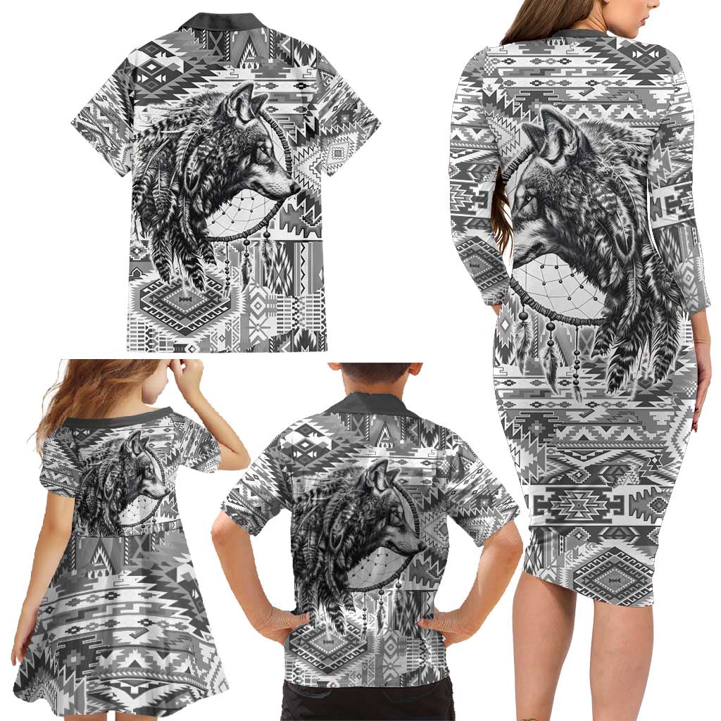 Indigenous Peoples Day Family Matching Long Sleeve Bodycon Dress and Hawaiian Shirt Native American Wolf with Dreamcatcher - Wonder Print Shop