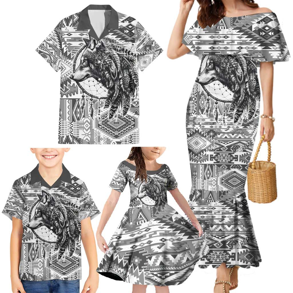Indigenous Peoples Day Family Matching Mermaid Dress and Hawaiian Shirt Native American Wolf with Dreamcatcher - Wonder Print Shop