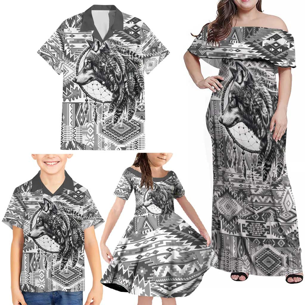Indigenous Peoples Day Family Matching Off Shoulder Maxi Dress and Hawaiian Shirt Native American Wolf with Dreamcatcher - Wonder Print Shop