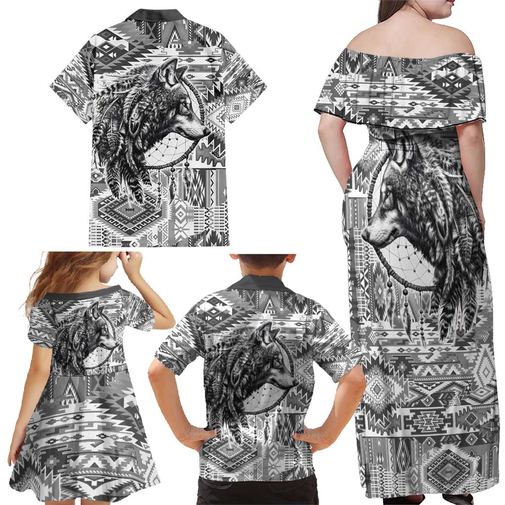 Indigenous Peoples Day Family Matching Off Shoulder Maxi Dress and Hawaiian Shirt Native American Wolf with Dreamcatcher - Wonder Print Shop