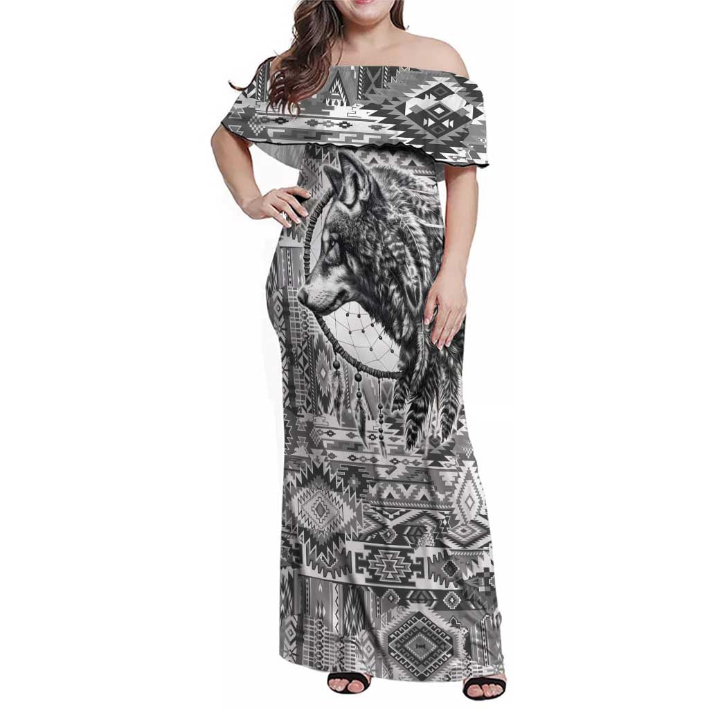 Indigenous Peoples Day Family Matching Off Shoulder Maxi Dress and Hawaiian Shirt Native American Wolf with Dreamcatcher - Wonder Print Shop