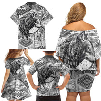 Indigenous Peoples Day Family Matching Off Shoulder Short Dress and Hawaiian Shirt Native American Wolf with Dreamcatcher - Wonder Print Shop