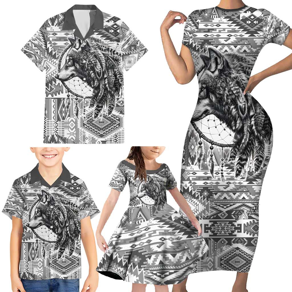 Indigenous Peoples Day Family Matching Short Sleeve Bodycon Dress and Hawaiian Shirt Native American Wolf with Dreamcatcher - Wonder Print Shop