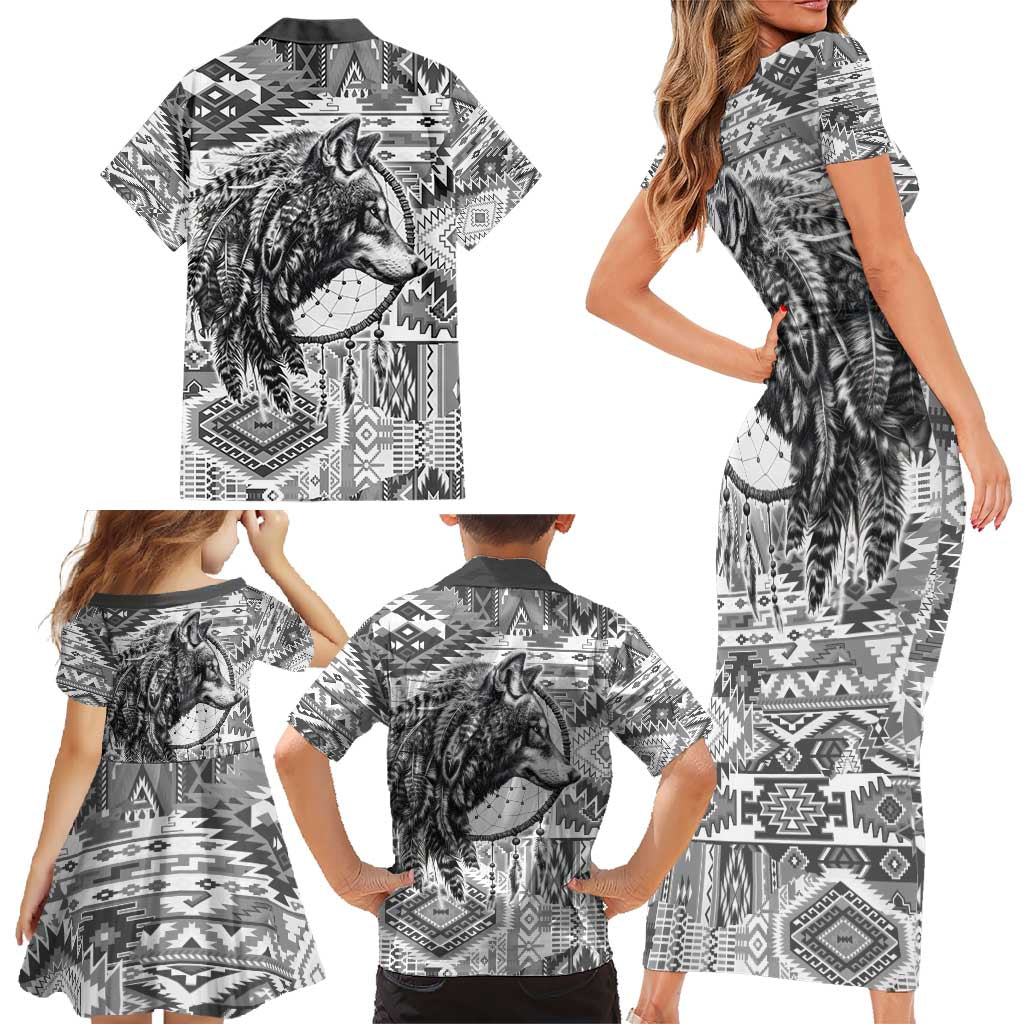 Indigenous Peoples Day Family Matching Short Sleeve Bodycon Dress and Hawaiian Shirt Native American Wolf with Dreamcatcher - Wonder Print Shop
